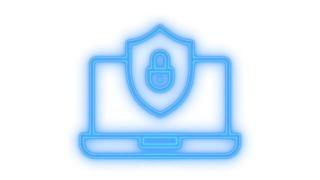 Glowing neon laptop security shield icon isolated on transparent background. Cyber protection. Data privacy. Firewall. Computer safety. Antivirus system.