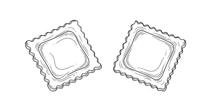 Black and white line art sketch showing two pieces of square ravioli pasta with fluted edges on a plain and simple white background.