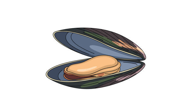 Detailed illustration of an open green mussel shell showing the succulent orange meat inside on a clean and white background.