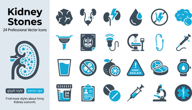 Kidney stones medical glyph icons set. Nephrology, urology, treatment, diagnostic tools, lithotripsy, diet, surgery, prevention. Flat minimal blue gray vector illustration pictogram signs for app