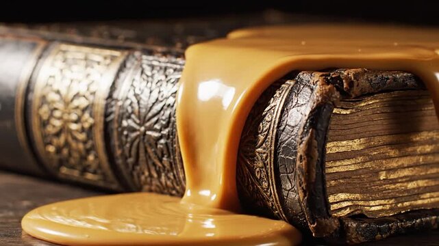 Caramel sauce dripping over an ornate vintage leather bound book