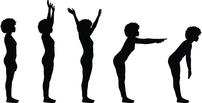 Silhouette profile sequence of an African American woman stretching and doing yoga or fitness exercises