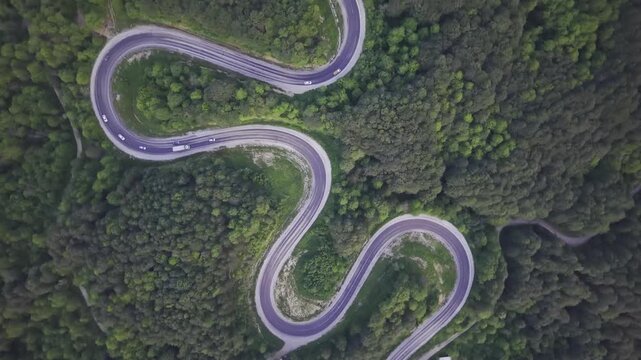 Aerial view of winding asphalt mountain road among green trees in summer. (Domani&ccedil;,İneg&ouml;l dağ yolu)