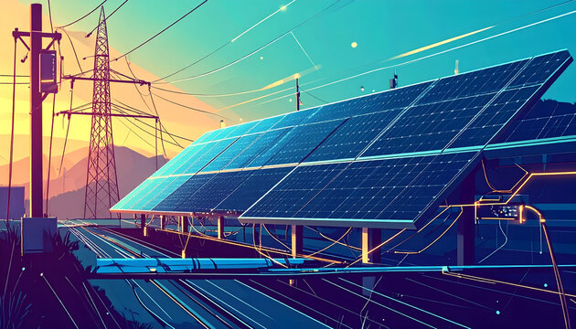 Solar panels connected via infrastructure with electrical lines and connection boxes technical illustration showcasing system integration and precise engineering vibes generative AI