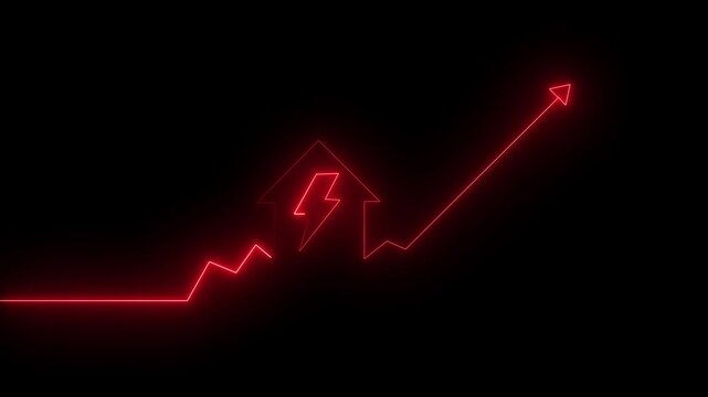 Neon energy efficiency graph: rising residential power consumption and smart home growth home neon icon animation 