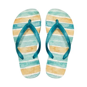 Watercolor striped flip flops isolated on transparent background