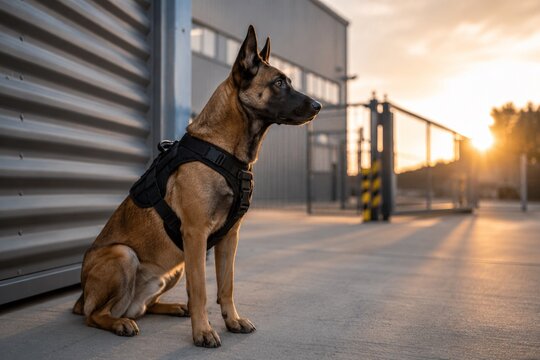 Belgian Malinois Guard Dog on Security Patrol at Industrial Facility