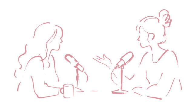 Hand drawn rough sketch two women in podcast vector illustration, loose ink drawn female figures speaking into microphones in broadcasting and conversation pose.