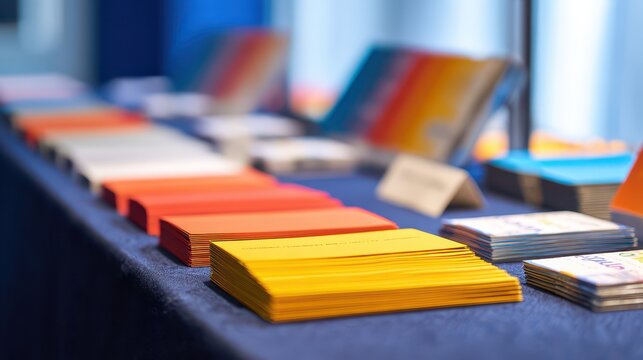 Stacks of colorful promotional cards and folded flyers on a table for world refugee day event background and banner design for outreach