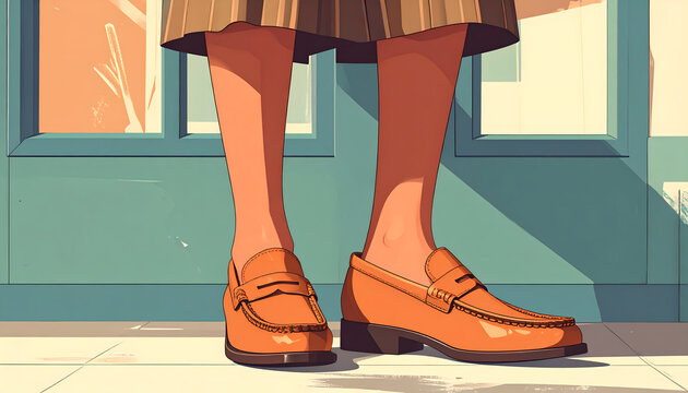 Girl wearing loafer shoes with a school inspired outfit standing polished watercolor illustration showcasing a classic preppy cool fashion style vibes generative AI