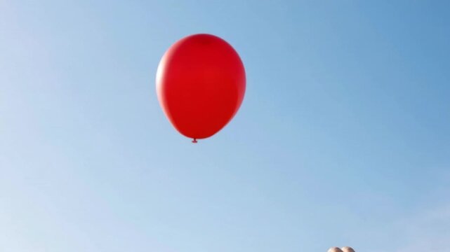 Child reaching for bright red balloon floating against clear blue sky on sunny day with open hand gesture and upward glance