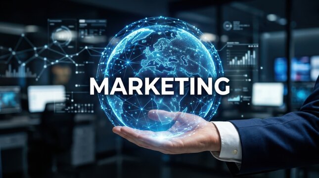 Global marketing concept illuminated earth held in a hand with digital network overlay