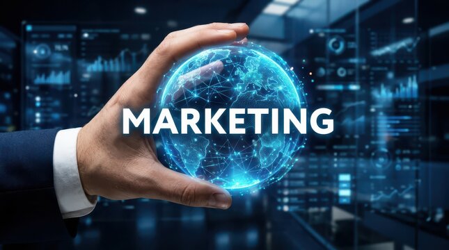 Global marketing concept hand holding digital earth with network connections and data analytics display