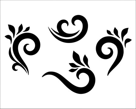 Black decorative swirl designs with leaves on white background