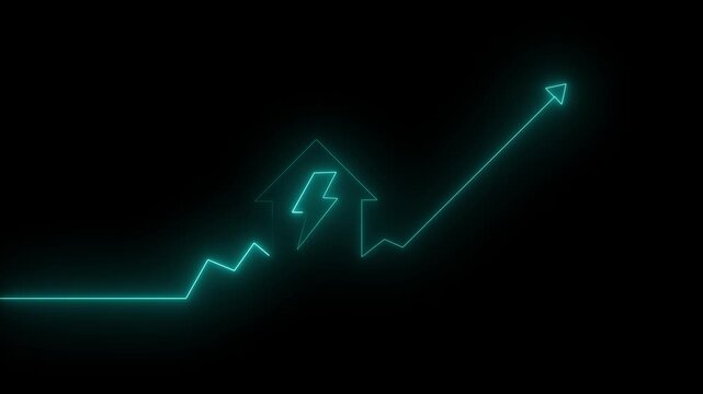 Neon energy efficiency graph: rising residential power consumption and smart home growth home neon icon animation 