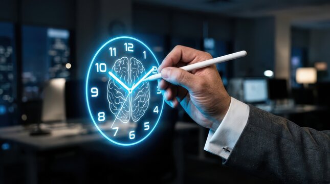 Time management concept hand interacting with clock featuring brain illustration in modern office setting