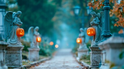 Obraz premium Serene Graveyard Pathway Lined with Angel Statues and Halloween Pumpkins