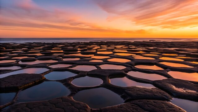 Vibrant sunset over coastal rock formations, tide pools reflecting colorful sky at golden hour.