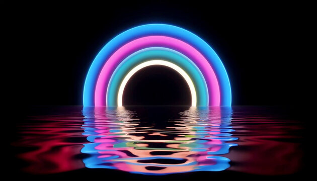 Visual with a clear neon-lit rainbow hole on the calm water giving off a mysterious atmosphere
