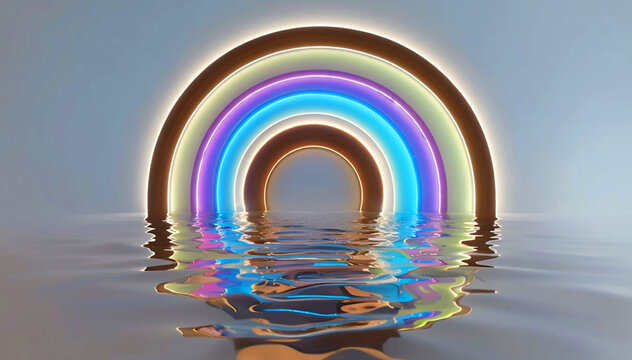 Visual with a clear neon-lit rainbow hole on the calm water giving off a mysterious atmosphere