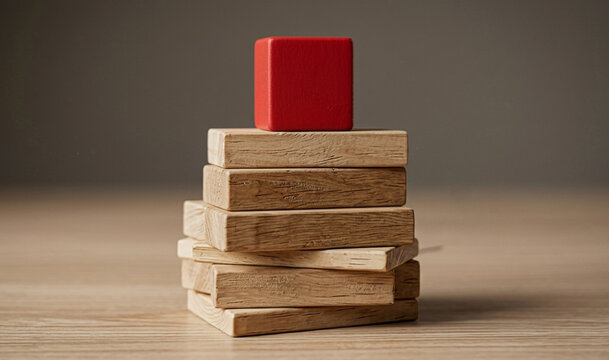A red cube on top of a stacked wooden block tower