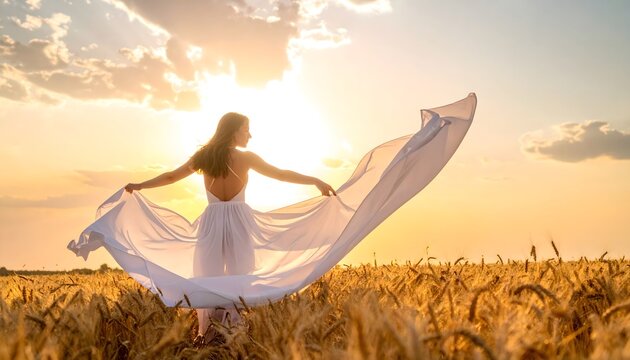 Mujer con vestido blanco y tela al viento en un campo de trigo al atardecer con luz dorada
