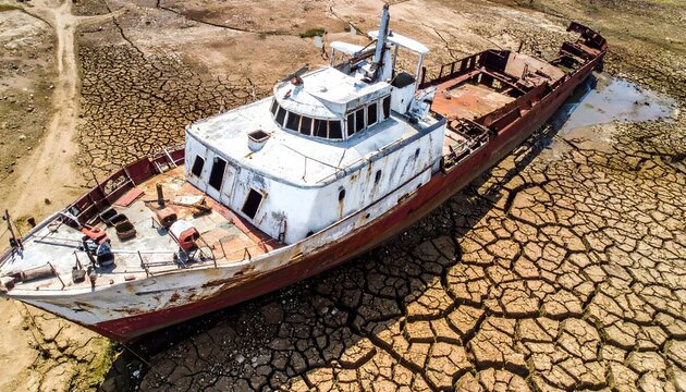 Barco abandonado sobre tierra agrietada en un paisaje seco, concepto de sequ&iacute;a y crisis clim&aacute;tica