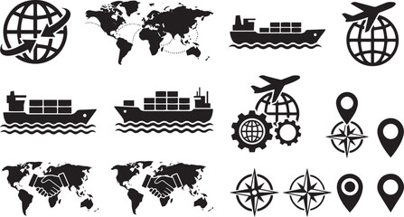 Obraz premium Collection of black and white icons representing global logistics transportation shipping and navigation concepts isolated on transparent background