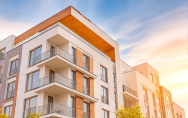 Obraz premium Modern Architectural Apartment Building Against a Beautiful Sunset Sky