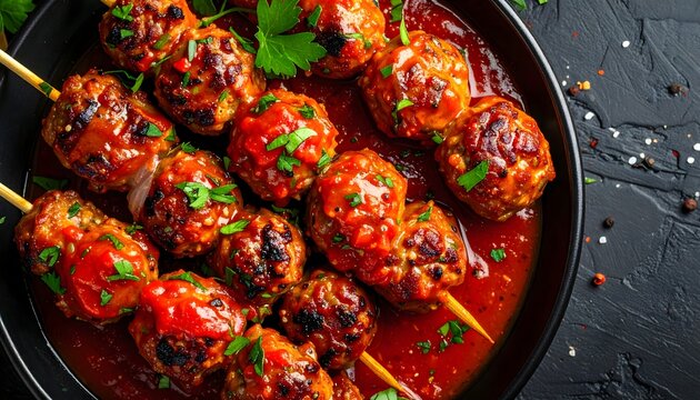 Muslos de pollo glaseados con salsa especiada y hierbas frescas en sart&eacute;n negra sobre fondo oscuro