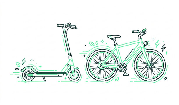 minimalist e-bike and electric scooter vector illustration with sustainable transportation line art icons