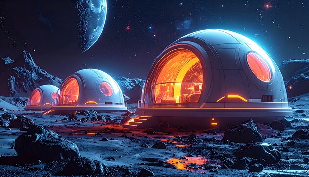 Futuristic lunar habitat modules on a rocky planetary surface (1)