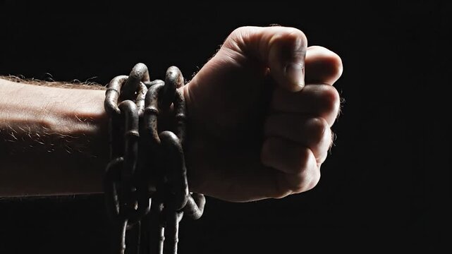 Clenched male fist bound with heavy rusty metal chains against a black background