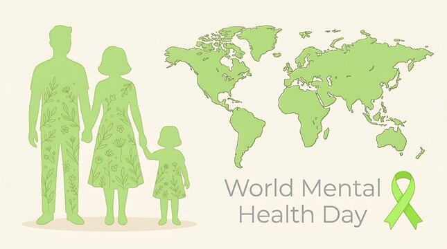 Family silhouette holding hands in front of world map for mental health awareness illustration