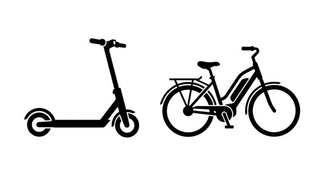Black silhouette electric scooter and e-bike vector set with minimalist micro mobility icons