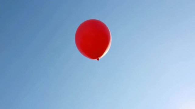 Bright red balloon floating in clear blue sky with sunlight shining, isolated colorful air decoration releasing upwards in minimal outdoor background