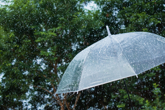 Clear umbrella in heavy rainfall with splashing raindrops, rainy season weather, storm protection and climate change concept.