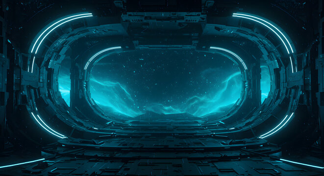 Futuristic Spaceship Hallway Interior with Neon Lights and Sci Fi Technology Inspired Architecture