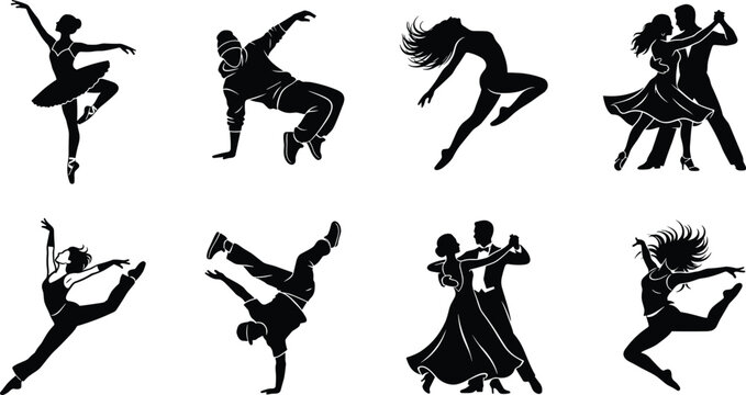 Dance Silhouette Collection Featuring Ballet Contemporary Hip Hop Ballroom Performance Movement Rhythm Artistic Expression Isolated Vector Set