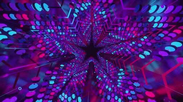 Seamless digital star vortex with rhythmic motion and glowing geometric elements, creating a deep perspective background for stage screens and event displays.