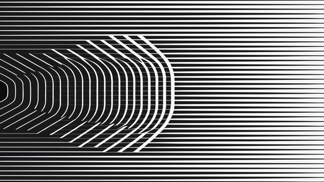Black and white striped pattern with a curved optical illusion effect abstract geometric design