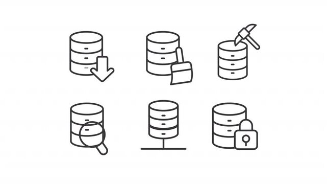Modern database management systems line animation set. Data infrastructure animated icons. Enterprise software design. Outline elements on white background. HD video with alpha channel