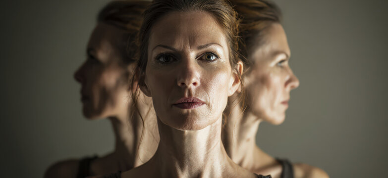 A woman's portrait, with two side profiles, evoking introspection and a sense of internal conflict or multiplicity of self, captured in a dramatic, shadowy light.