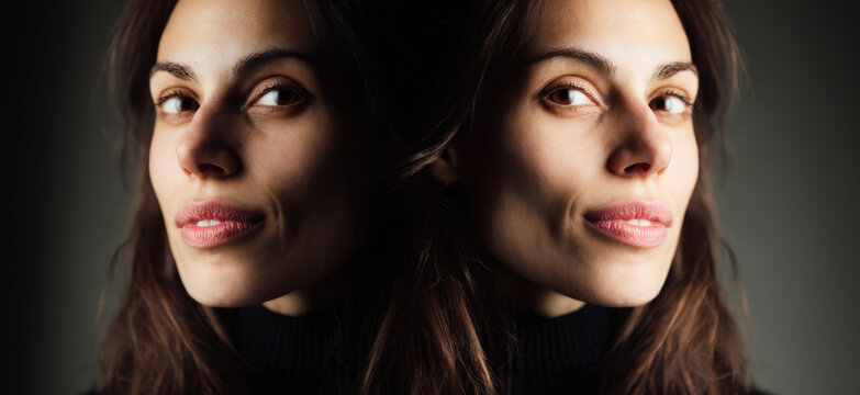 A striking portrait captures a woman's face from two angles, creating a symmetrical and slightly disorienting effect, hinting at duality and introspection.
