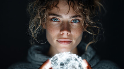 Naklejka premium A woman with curly hair and striking blue eyes holds a glowing orb, her face illuminated by its mysterious light, evoking a sense of wonder and enchantment.