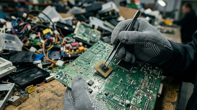 Electronics recycling process showing technician removing integrated circuit from discarded green logic board