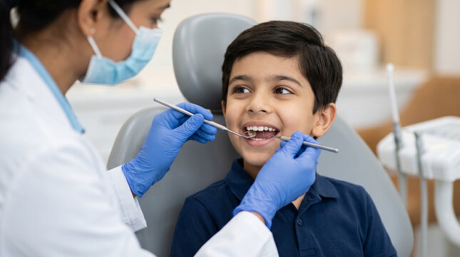 young indian boy during dental appointment for oral health pediatric care and preventive dentistry concept