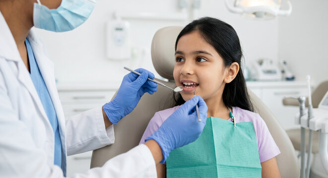 young indian girl during dental appointment for oral health pediatric care and preventive dentistry concept