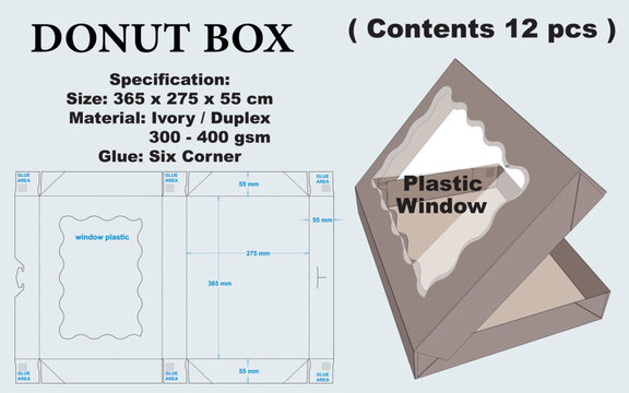 Donut Box Packaging Die Cut Template with Plastic Window, Bakery Carton Packaging Mockup, Foldable Food Box Dieline Vector