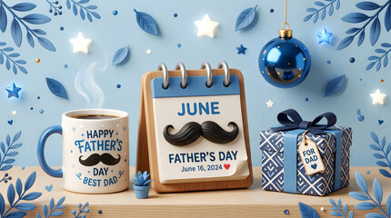 Father's Day, June calendar, gift and coffee cup, blue background